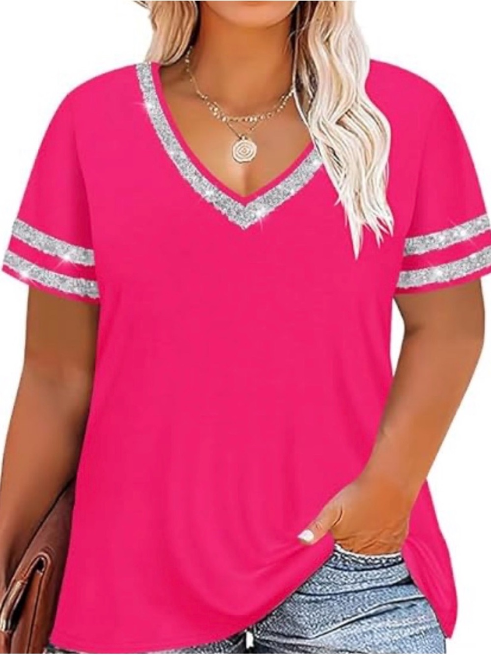 Hot Pink V-Neck Tunic with Silver Sequin Trim